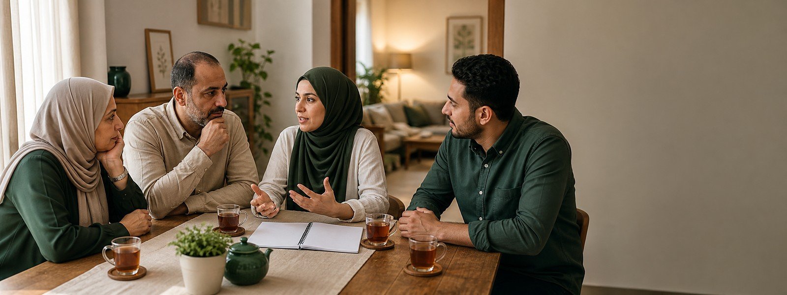 عائلة تتحاور حول طاولة في جلسة هادئة