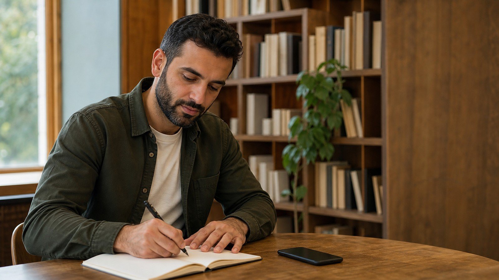رجل يكتب في دفتر على مكتب أمام رفوف الكتب