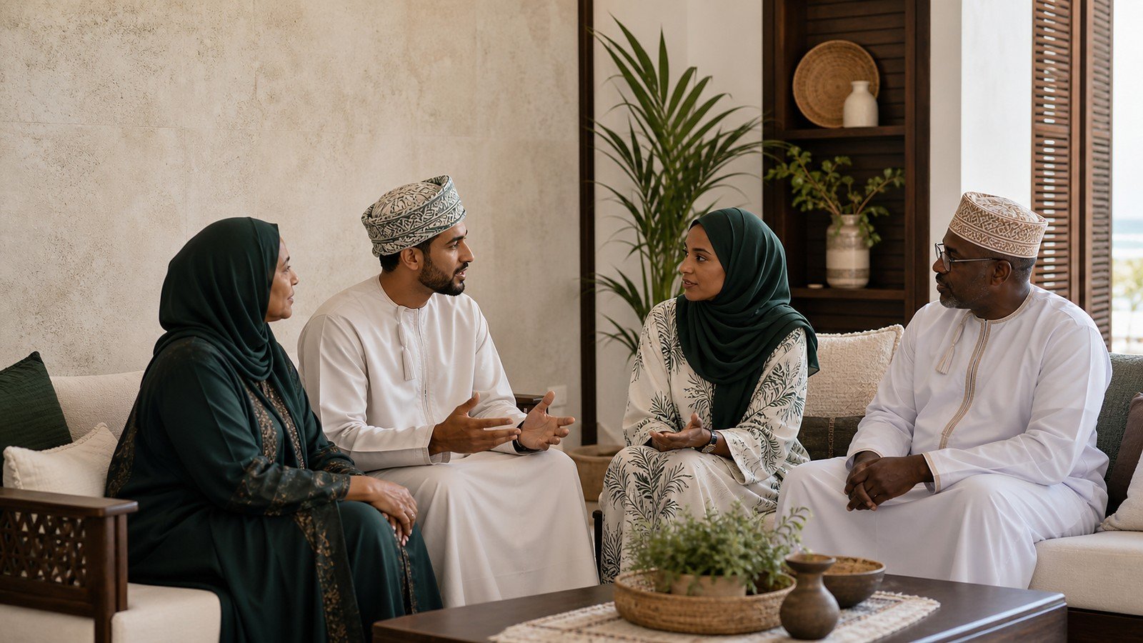 رجلان وامرأتان من خلفيات مختلفة يجلسون في غرفة جلوس ويتحاورون