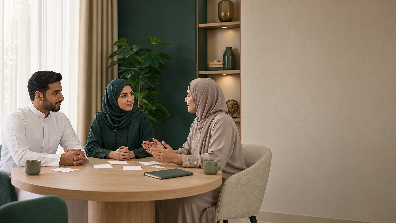 امرأتان ورجل حول طاولة مستديرة وأمامهم دفتر، في غرفة بجدار أخضر