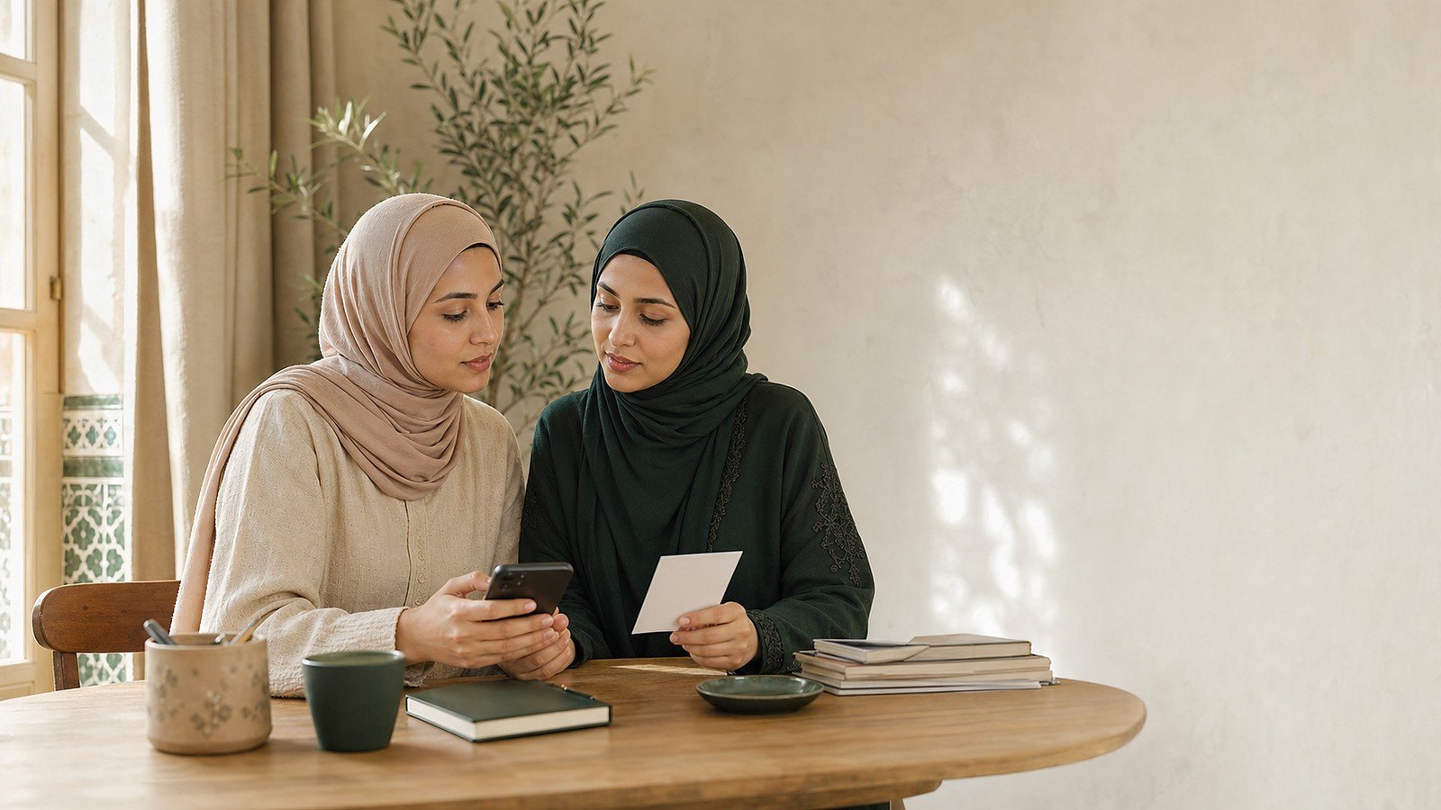 امرأتان تنظران إلى صورة على هاتف